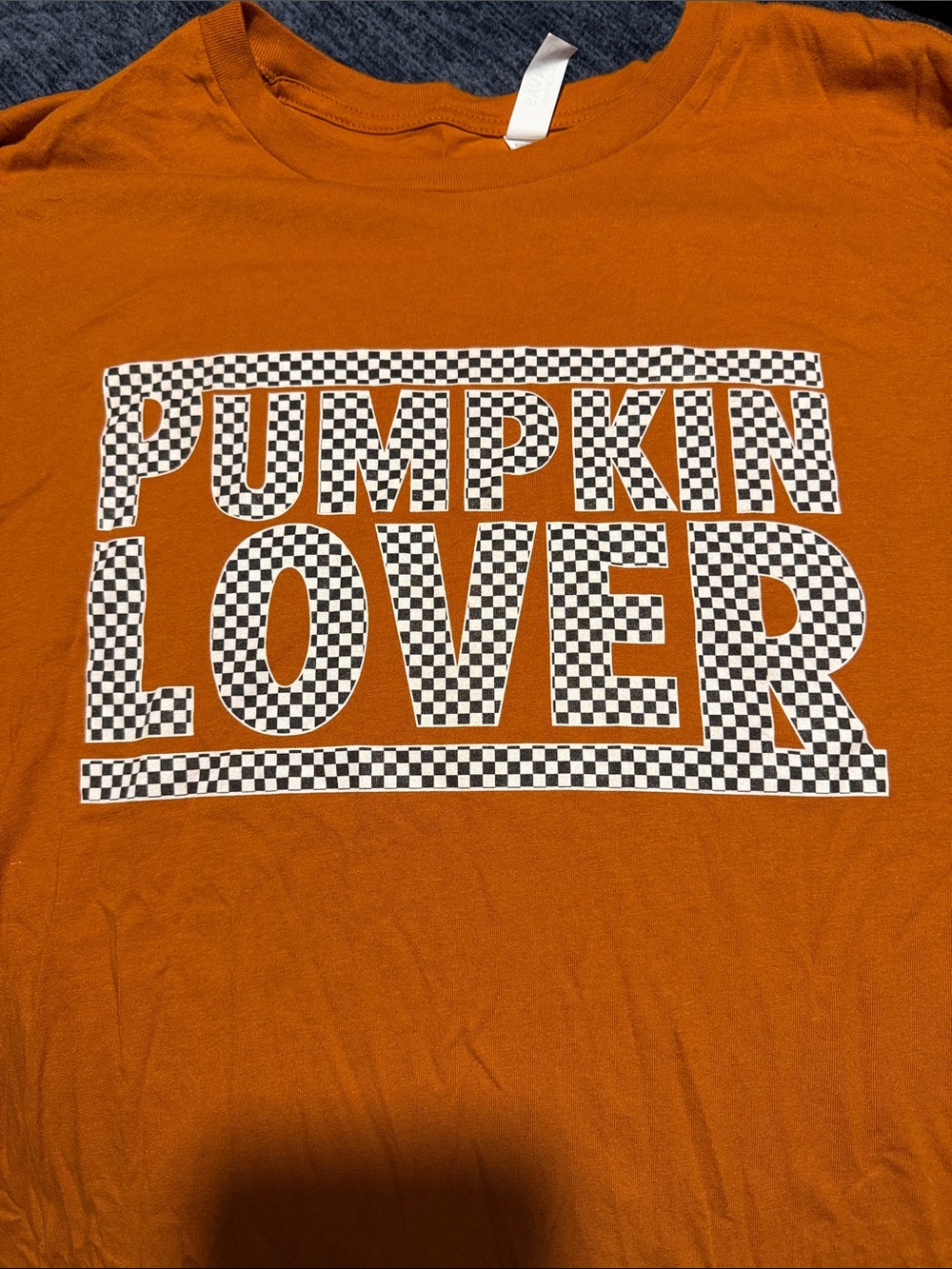 Bella Canvas Orange Tee with Checker 'PUMPKIN LOVER' Graphic - Picture 2 of 3